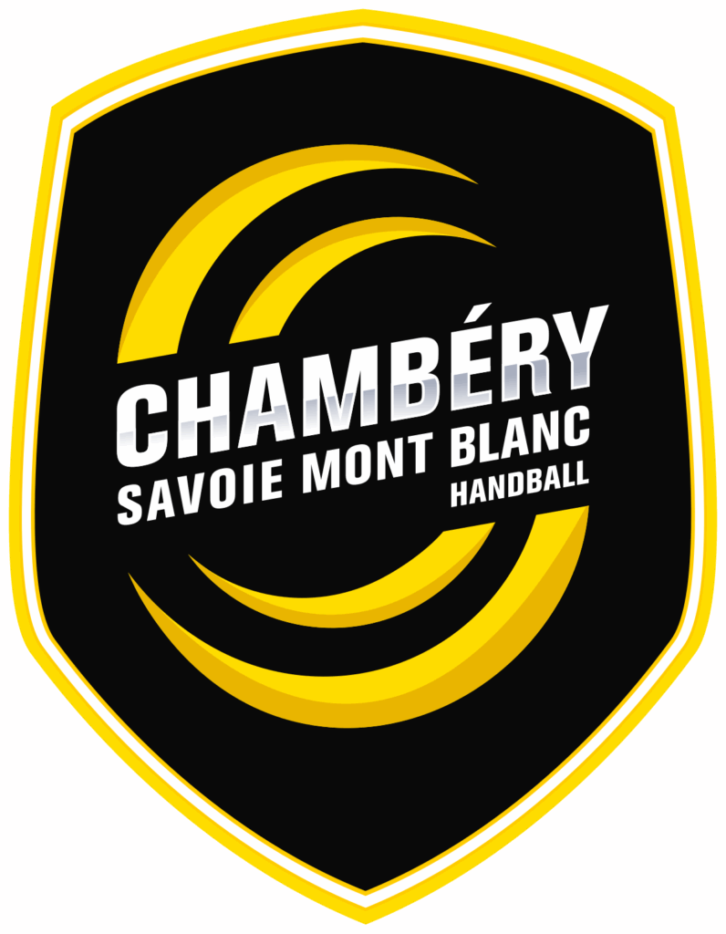 Logo du club Chambéry Savoie Mont Blanc Handball, noir et jaune avec des courbes dynamiques.