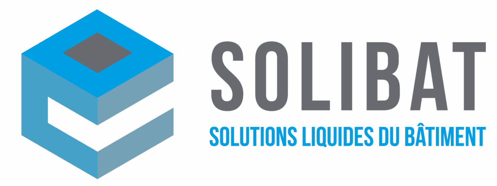 Logo de l'entreprise SOLIBAT : carré à gauche représentant le bitume en bleu et gris, avec 'SOLIBAT' à droite en gris et bleu, et 'solution liquide du batiment' en dessous, en plus petit. demande de devis
